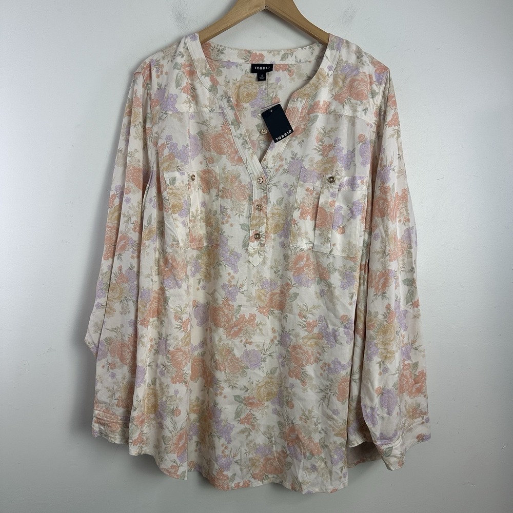 Torrid 4 Harper Georgette Pullover Top Multi Floral Sz 4X Roll Tab Relaxed New